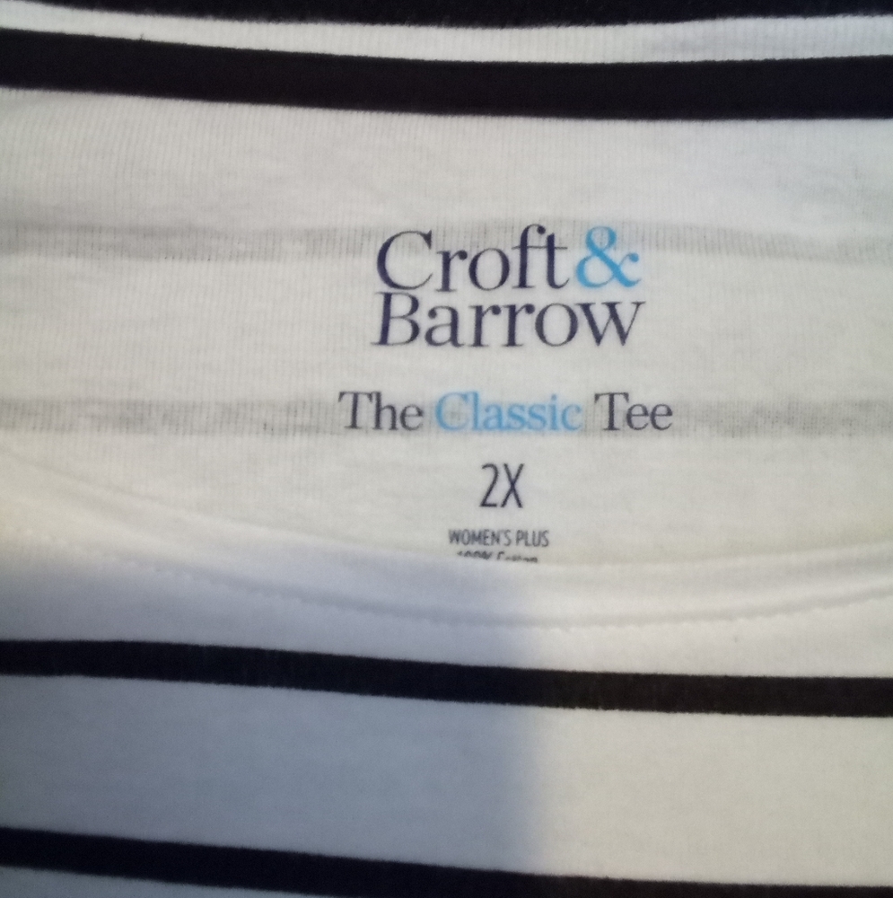Croft & Barrow Top Sweater Blouse Black White Stripes Short Sleeve Stretch 2x